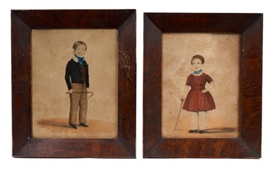 Lot 702 - Pair of early Victorian naive school portraits of children