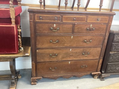Lot 1101 - 19th century inlaid mahogany chest with an arrangement of drawers on shaped bracket feet (front right foot is in very bad condition) 136cm wide, 50cm deep, 134cm high