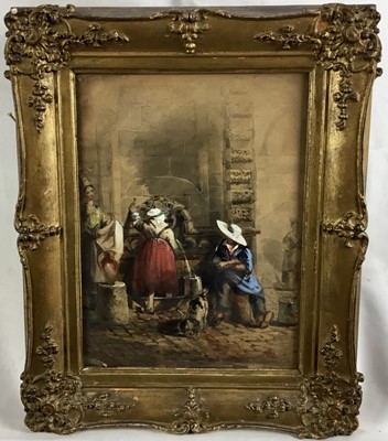 Lot 145 - Attributed to Samuel Prout (1783-1852), watercolours, Peasant women collecting water from a well, 
in gilt frame. 28 x 20cm.