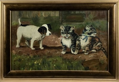Lot 139 - May Egdell, oil on canvas, A puppy and two kittens, signed, in gilt 
frame. 25 x 40cm.