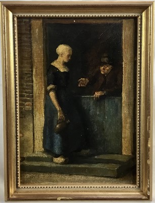Lot 143 - Dutch School 19th Century, oil on canvas laid on panel, A peasant girl and a man at a cottage door, in gilt frame. 22 x 15cm.
