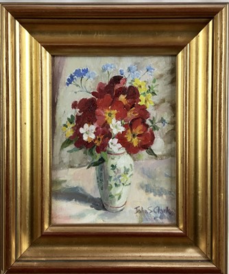Lot 140 - John S. Clark, oil on board, Polyanthus", signed, also inscribed verso, 
in gilt frame. 19 x 14cm.