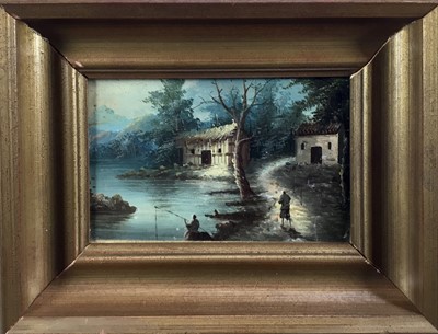 Lot 58 - Chinese School early 20th century, oil on board, A river scene with fishermen by shacks, 
in gilt frame. 14 x 22cm.