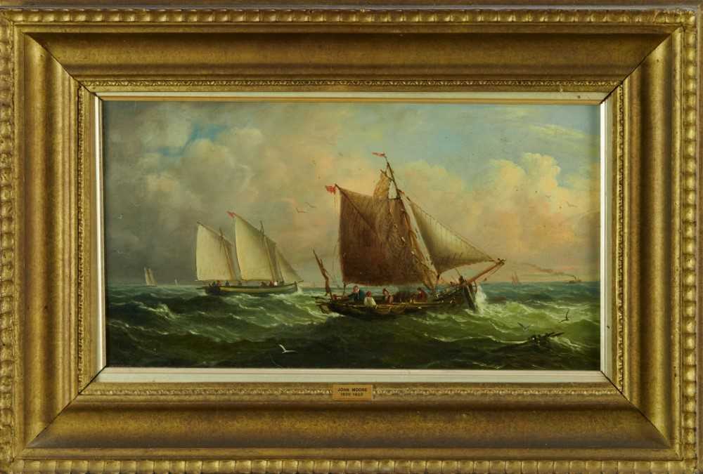 Lot 1188 - John Moore of Ipswich (1820-1902) oil on panel - vessels at sea, signed, 22cm x 39cm, in gilt frame