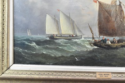 Lot 1188 - John Moore of Ipswich (1820-1902) oil on panel - vessels at sea, signed, 22cm x 39cm, in gilt frame