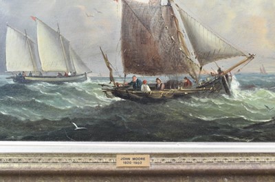Lot 1188 - John Moore of Ipswich (1820-1902) oil on panel - vessels at sea, signed, 22cm x 39cm, in gilt frame