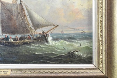 Lot 1188 - John Moore of Ipswich (1820-1902) oil on panel - vessels at sea, signed, 22cm x 39cm, in gilt frame