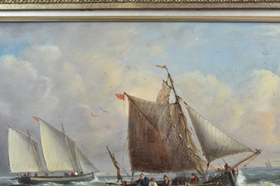 Lot 1188 - John Moore of Ipswich (1820-1902) oil on panel - vessels at sea, signed, 22cm x 39cm, in gilt frame