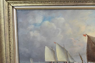 Lot 1188 - John Moore of Ipswich (1820-1902) oil on panel - vessels at sea, signed, 22cm x 39cm, in gilt frame