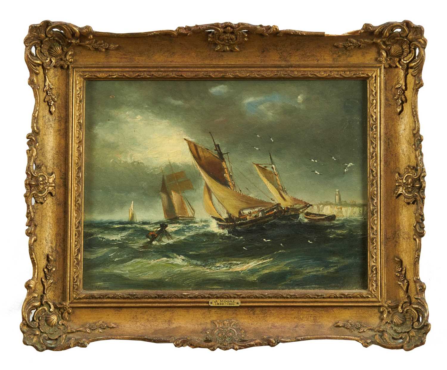Lot 882 - Manner of John Moore of Ipswich (1820-1902) oil on canvas - vessels off the coast, signed, 23cm x 30.5cm, in gilt frame