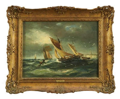 Lot 1189 - John Moore of Ipswich (1820-1902) oil on canvas - vessels off the coast, signed, 23cm x 30.5cm, in gilt frame