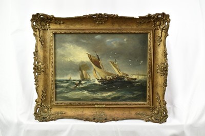 Lot 882 - Manner of John Moore of Ipswich (1820-1902) oil on canvas - vessels off the coast, signed, 23cm x 30.5cm, in gilt frame