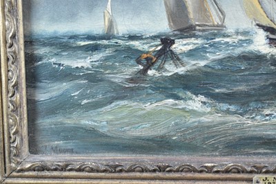 Lot 882 - Manner of John Moore of Ipswich (1820-1902) oil on canvas - vessels off the coast, signed, 23cm x 30.5cm, in gilt frame
