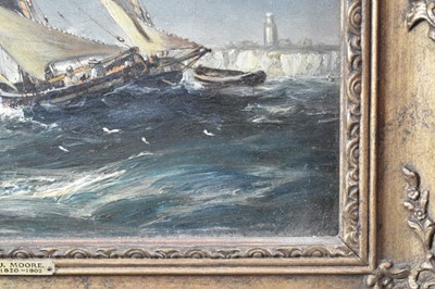 Lot 882 - Manner of John Moore of Ipswich (1820-1902) oil on canvas - vessels off the coast, signed, 23cm x 30.5cm, in gilt frame
