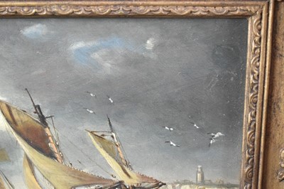 Lot 882 - Manner of John Moore of Ipswich (1820-1902) oil on canvas - vessels off the coast, signed, 23cm x 30.5cm, in gilt frame