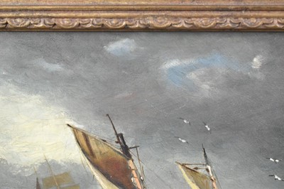 Lot 882 - Manner of John Moore of Ipswich (1820-1902) oil on canvas - vessels off the coast, signed, 23cm x 30.5cm, in gilt frame