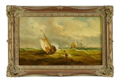 Lot 1190 - John Moore of Ipswich (1820-1902) oil on panel - vessels in squally seas, signed and dated 1899, 30cm x 51cm, in gilt frame