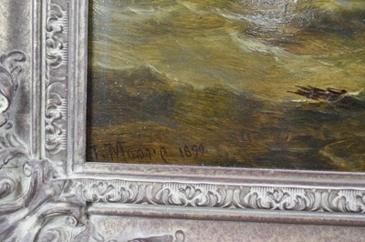 Lot 1190 - John Moore of Ipswich (1820-1902) oil on panel - vessels in squally seas, signed and dated 1899, 30cm x 51cm, in gilt frame