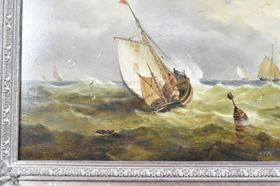 Lot 1190 - John Moore of Ipswich (1820-1902) oil on panel - vessels in squally seas, signed and dated 1899, 30cm x 51cm, in gilt frame