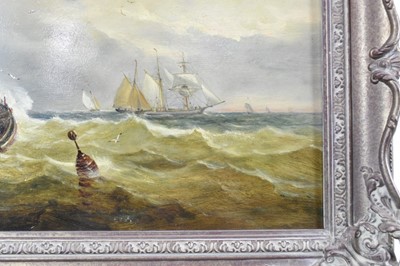 Lot 1190 - John Moore of Ipswich (1820-1902) oil on panel - vessels in squally seas, signed and dated 1899, 30cm x 51cm, in gilt frame