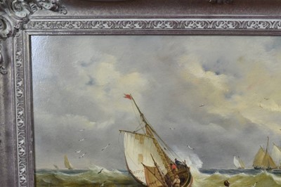 Lot 1190 - John Moore of Ipswich (1820-1902) oil on panel - vessels in squally seas, signed and dated 1899, 30cm x 51cm, in gilt frame