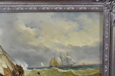 Lot 1190 - John Moore of Ipswich (1820-1902) oil on panel - vessels in squally seas, signed and dated 1899, 30cm x 51cm, in gilt frame