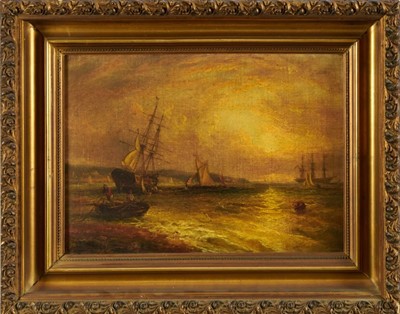 Lot 1191 - John Moore of Ipswich (1820-1902) oil on canvas - shipping at dusk, signed, 28cm x 38cm, in gilt frame