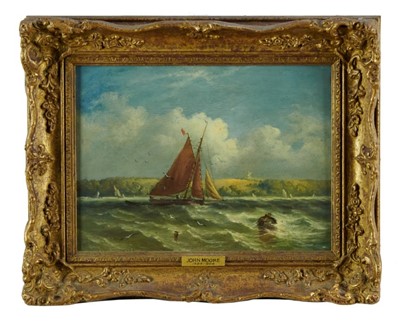 Lot 1193 - Manner of John Moore of Ipswich (1820-1902) oil on panel - sailing boat off the coast, 23cm x 30cm, in gilt frame