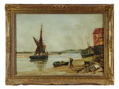 Lot 1194 - Attributed to Charles Edward Holloway (1838-1897) oil on canvas - Blakeney Harbour, studio sale/collection stamp verso, 45cm x 64cm, in gilt frame