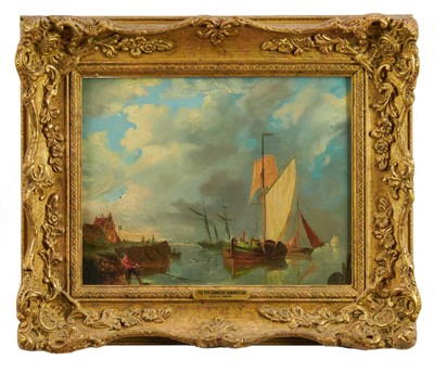 Lot 917 - Attributed to Pieter Cornelius Dommerson (1834-1908) oil on panel - fishing boats at anchor, 19.5cm x 25.5cm, in gilt frame