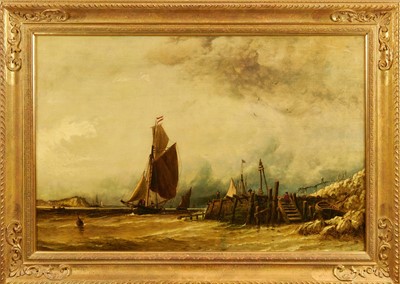 Lot 893 - Richard Henry Nibbs (1816-1893) oil on canvas - Off Purfleet, River Thames, signed, 81cm x 92cm, in gilt frame, remnants of label verso 
Exhibited: Royal Academy 1852, No. 118