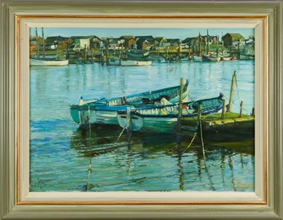 Lot 1201 - *Margaret Glass (b.1950) oil on board - High Tide, Walberswick, initialled and dated '98, 54cm x 74cm, framed  
Provenance: The Wildlife Art Gallery, Lavenham
