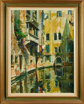 Lot 1200 - *Margaret Glass (b.1950) oil on board - Venetian Backwater, initialled, 64cm x 49cm, framed