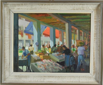 Lot 1198 - David Wood (1933-1996) oil on canvas - Lisbon Market, initialled, 36cm x 46cm, framed  
Provenance: Chappel Galleries