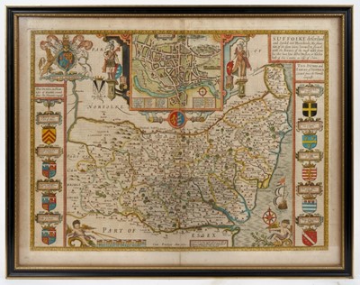 Lot 872 - John Speede, 17th century hand coloured engraved map of Suffolk