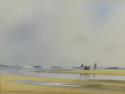 Lot 1197 - Godfrey Sayers, contemporary, two watercolours - Fishing Holkham, 27cm x 36cm and Blakeney Harbour, 17cm x 26cm, in glazed gilt frames (2)