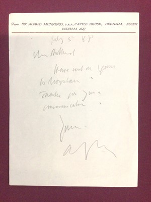 Lot 886 - Sir Alfred Munnings (1878-1959) hand written hurried note on Castle House headed paper dated July 5th 1948, 18cm x 13.5cm
