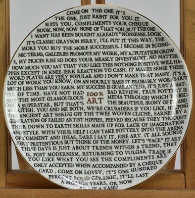 Lot 1296 - *Grayson Perry RA (b.1960) '100% Art Plate', 2020, fine china plate, with artist's seal printed to base, produced for The Sainsbury Centre, Norwich, diameter 21cm