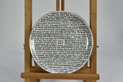 Lot 1296 - *Grayson Perry RA (b.1960) '100% Art Plate', 2020, fine china plate, with artist's seal printed to base, produced for The Sainsbury Centre, Norwich, diameter 21cm
