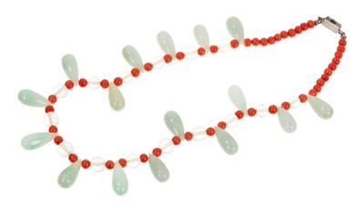 Lot 489 - Early 20th century Chinese jade and coral bead necklace and a Chinese carved jade pendant necklace (2)