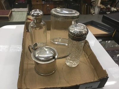 Lot 845 - Three silver topped toilet jars and silver mustard pot (4)