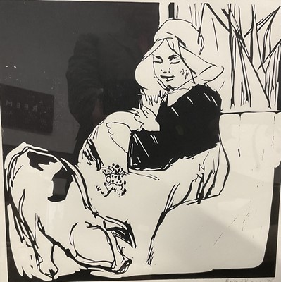 Lot 272 - Howard Barnes (1937-2017) linocut, girl and pig, a.p, 29 x 30cm, framed