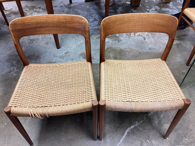 Lot 1221 - Set of six mid 20th century Danish Niels Moller dining chairs with woven seats, together with a circular extending dining table with one extra leaf