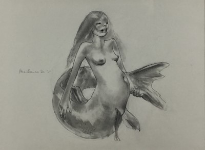 Lot 110 - Howard Barnes (1937-2017) pencil, Mermaid, signed and dated, 35 x 47cm, glazed frame