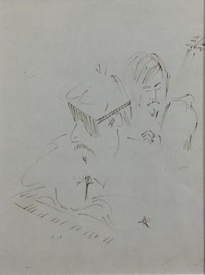 Lot 136 - A framed music score, hand-written, probably from Ronnie Scott's in 1965, with parts for Jimmy Rowles and Duke Ellington, the reverse with a cartoon by an unknown artist