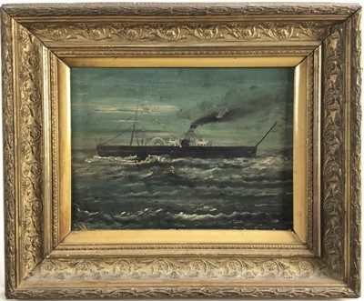Lot 201 - English School, 19th century, oil on canvas - a paddle steamer at sea, monogrammed, 23cm x 31cm, in gilt frame