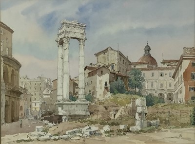 Lot 204 - John Lynch, 20th century, watercolour - Corinthian columns by the theatre of Marcellus, monogrammed, 36cm x 47cm, framed and glazed