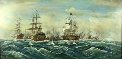 Lot 196 - J. Harvey  mid 20th Century large oil on canvas  - Naval Battle, signed, 59.5cm x 120cm, framed