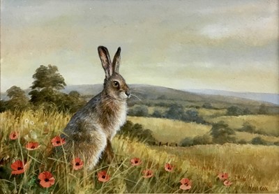 Lot 216 - Neil Cox, contemporary, watercolour - Hare in a Poppy Field, signed, 18cm x 25cm, in glazed gilt frame