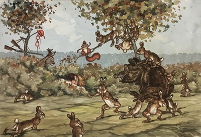 Lot 218 - G. Klein, 20th century, watercolour cartoon, 'Caught', signed, 37cm x 54cm, unframed